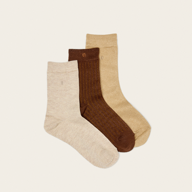 Pack de 3 paires de chaussettes - Côtelé doré marron & écru