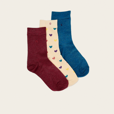 Pack de 3 paires de chaussettes - Petit coeur multi & paillettes bordeaux bleu